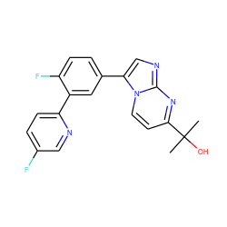 CC(C)(O)c1ccn2c(-c3ccc(F)c(-c4ccc(F)cn4)c3)cnc2n1 ZINC000028571676
