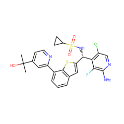 CC(C)(O)c1ccnc(-c2cccc3cc([C@H](NS(=O)(=O)C4CC4)c4c(Cl)cnc(N)c4F)sc23)c1 ZINC000224167296