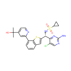 CC(C)(O)c1ccnc(-c2cccc3cc([C@H](NS(=O)(=O)C4CC4)c4nc(N)ncc4Cl)sc23)c1 ZINC000217126076