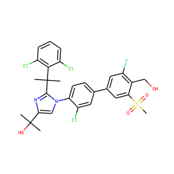 CC(C)(O)c1cn(-c2ccc(-c3cc(F)c(CO)c(S(C)(=O)=O)c3)cc2Cl)c(C(C)(C)c2c(Cl)cccc2Cl)n1 ZINC000114577519