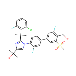 CC(C)(O)c1cn(-c2ccc(-c3cc(F)c(CO)c(S(C)(=O)=O)c3)cc2F)c(C(C)(C)c2c(F)cccc2Cl)n1 ZINC000114580758