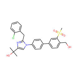 CC(C)(O)c1cn(-c2ccc(-c3ccc(CO)c(S(C)(=O)=O)c3)cc2)c(Cc2ccccc2Cl)n1 ZINC000147277860