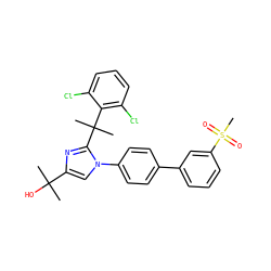 CC(C)(O)c1cn(-c2ccc(-c3cccc(S(C)(=O)=O)c3)cc2)c(C(C)(C)c2c(Cl)cccc2Cl)n1 ZINC001772623018