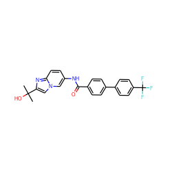 CC(C)(O)c1cn2cc(NC(=O)c3ccc(-c4ccc(C(F)(F)F)cc4)cc3)ccc2n1 ZINC000043068759
