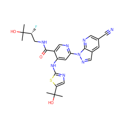 CC(C)(O)c1cnc(Nc2cc(-n3ncc4cc(C#N)cnc43)ncc2C(=O)NC[C@@H](F)C(C)(C)O)s1 ZINC001772579665