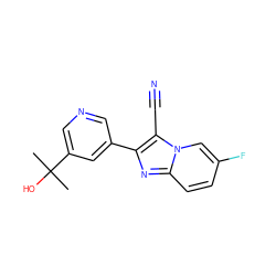 CC(C)(O)c1cncc(-c2nc3ccc(F)cn3c2C#N)c1 ZINC000218495405