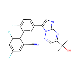 CC(C)(O)c1cnn2c(-c3ccc(F)c(-c4c(F)cc(F)cc4C#N)c3)cnc2n1 ZINC000013681614