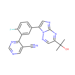 CC(C)(O)c1cnn2c(-c3ccc(F)c(-c4ncncc4C#N)c3)cnc2n1 ZINC000028571726