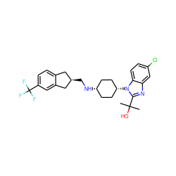 CC(C)(O)c1nc2cc(Cl)ccc2n1[C@H]1CC[C@@H](NC[C@@H]2Cc3ccc(C(F)(F)F)cc3C2)CC1 ZINC000299845055