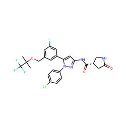 CC(C)(OCc1cc(F)cc(-c2cc(NC(=O)[C@@H]3CNC(=O)C3)nn2-c2ccc(Cl)cc2)c1)C(F)(F)F ZINC000169707461