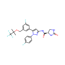 CC(C)(OCc1cc(F)cc(-c2cc(NC(=O)[C@H]3CNC(=O)N3)nn2-c2ccc(F)cc2)c1)C(F)(F)F ZINC000169707479