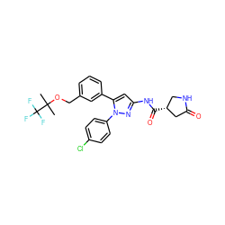 CC(C)(OCc1cccc(-c2cc(NC(=O)[C@@H]3CNC(=O)C3)nn2-c2ccc(Cl)cc2)c1)C(F)(F)F ZINC000169707456