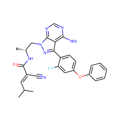 CC(C)/C=C(\C#N)C(=O)N[C@H](C)Cn1nc(-c2ccc(Oc3ccccc3)cc2F)c2c(N)ncnc21 ZINC000149469172