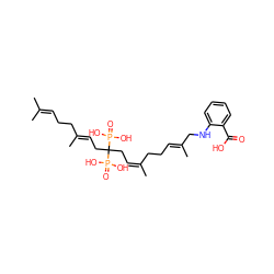 CC(C)=CCC/C(C)=C/CC(C/C=C(/C)CC/C=C(\C)CNc1ccccc1C(=O)O)(P(=O)(O)O)P(=O)(O)O ZINC000029124555