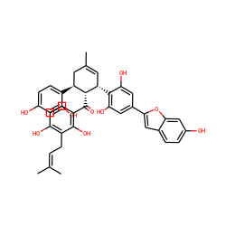 CC(C)=CCc1c(O)ccc(C(=O)[C@H]2[C@@H](c3c(O)cc(-c4cc5ccc(O)cc5o4)cc3O)C=C(C)C[C@@H]2c2ccc(O)cc2O)c1O ZINC000072176260