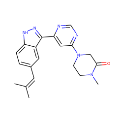 CC(C)=Cc1ccc2[nH]nc(-c3cc(N4CCN(C)C(=O)C4)ncn3)c2c1 ZINC000225558545