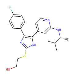 CC(C)[C@@H](C)Nc1cc(-c2[nH]c(SCCO)nc2-c2ccc(F)cc2)ccn1 ZINC000040954777