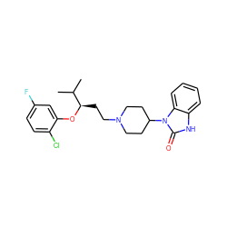 CC(C)[C@@H](CCN1CCC(n2c(=O)[nH]c3ccccc32)CC1)Oc1cc(F)ccc1Cl ZINC000028356119