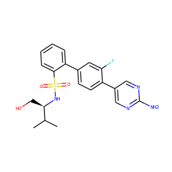 CC(C)[C@@H](CO)NS(=O)(=O)c1ccccc1-c1ccc(-c2cnc(N)nc2)c(F)c1 ZINC000224751260