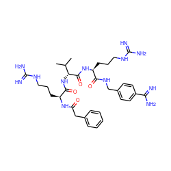 CC(C)[C@@H](NC(=O)[C@H](CCCNC(=N)N)NC(=O)Cc1ccccc1)C(=O)N[C@@H](CCCNC(=N)N)C(=O)NCc1ccc(C(=N)N)cc1 ZINC000072178432