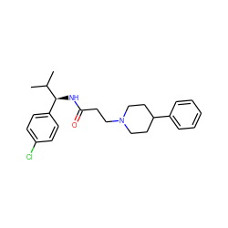 CC(C)[C@@H](NC(=O)CCN1CCC(c2ccccc2)CC1)c1ccc(Cl)cc1 ZINC000073221620