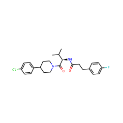 CC(C)[C@@H](NC(=O)CCc1ccc(F)cc1)C(=O)N1CCC(c2ccc(Cl)cc2)CC1 ZINC000095580266