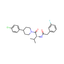 CC(C)[C@@H](NC(=O)Cc1cccc(F)c1)C(=O)N1CCC(c2ccc(Cl)cc2)CC1 ZINC000095572116