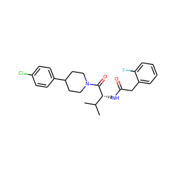 CC(C)[C@@H](NC(=O)Cc1ccccc1F)C(=O)N1CCC(c2ccc(Cl)cc2)CC1 ZINC000095575925