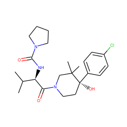 CC(C)[C@@H](NC(=O)N1CCCC1)C(=O)N1CC[C@](O)(c2ccc(Cl)cc2)C(C)(C)C1 ZINC000200508402