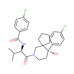 CC(C)[C@@H](NC(=O)c1ccc(Cl)cc1)C(=O)N1CC[C@](O)(c2ccc(Cl)cc2)C2(CCCC2)C1 ZINC000096272223