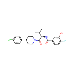 CC(C)[C@@H](NC(=O)c1ccc(F)c(O)c1)C(=O)N1CCC(c2ccc(Cl)cc2)CC1 ZINC000096272189