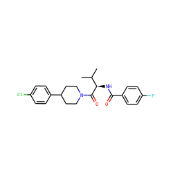 CC(C)[C@@H](NC(=O)c1ccc(F)cc1)C(=O)N1CCC(c2ccc(Cl)cc2)CC1 ZINC000095577613