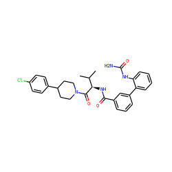 CC(C)[C@@H](NC(=O)c1cccc(-c2ccccc2NC(N)=O)c1)C(=O)N1CCC(c2ccc(Cl)cc2)CC1 ZINC000096272185