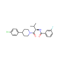 CC(C)[C@@H](NC(=O)c1cccc(F)c1)C(=O)N1CCC(c2ccc(Cl)cc2)CC1 ZINC000095573468