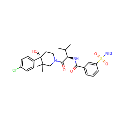 CC(C)[C@@H](NC(=O)c1cccc(S(N)(=O)=O)c1)C(=O)N1CC[C@](O)(c2ccc(Cl)cc2)C(C)(C)C1 ZINC000096272198