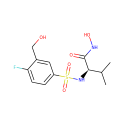 CC(C)[C@@H](NS(=O)(=O)c1ccc(F)c(CO)c1)C(=O)NO ZINC000014946074