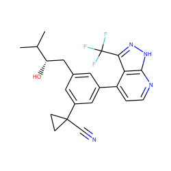 CC(C)[C@@H](O)Cc1cc(-c2ccnc3[nH]nc(C(F)(F)F)c23)cc(C2(C#N)CC2)c1 ZINC000299836090