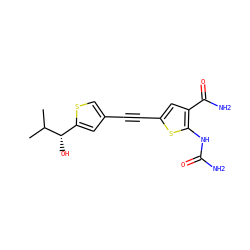 CC(C)[C@@H](O)c1cc(C#Cc2cc(C(N)=O)c(NC(N)=O)s2)cs1 ZINC000028524577