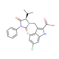 CC(C)[C@@H]1C(=O)N(c2ccccc2)C(=O)N1Cc1c(C(=O)O)[nH]c2cc(Cl)cc(Cl)c12 ZINC000003990458