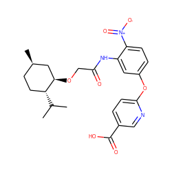 CC(C)[C@@H]1CC[C@@H](C)C[C@H]1OCC(=O)Nc1cc(Oc2ccc(C(=O)O)cn2)ccc1[N+](=O)[O-] ZINC000013553384