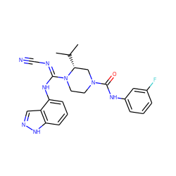 CC(C)[C@@H]1CN(C(=O)Nc2cccc(F)c2)CCN1/C(=N/C#N)Nc1cccc2[nH]ncc12 ZINC000101180408