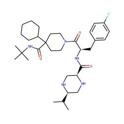 CC(C)[C@@H]1CN[C@H](C(=O)N[C@H](Cc2ccc(F)cc2)C(=O)N2CCC(C(=O)NC(C)(C)C)(C3CCCCC3)CC2)CN1 ZINC000028522967