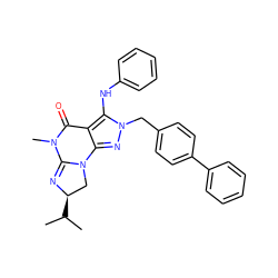 CC(C)[C@@H]1CN2C(=N1)N(C)C(=O)c1c2nn(Cc2ccc(-c3ccccc3)cc2)c1Nc1ccccc1 ZINC000136027571