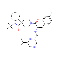 CC(C)[C@@H]1CNC[C@@H](C(=O)N[C@H](Cc2ccc(F)cc2)C(=O)N2CCC(C(=O)NC(C)(C)C)(C3CCCCC3)CC2)N1 ZINC000028520608