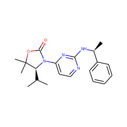 CC(C)[C@@H]1N(c2ccnc(N[C@@H](C)c3ccccc3)n2)C(=O)OC1(C)C ZINC000142118123