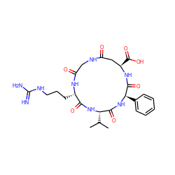 CC(C)[C@@H]1NC(=O)[C@H](CCCNC(=N)N)NC(=O)CNC(=O)C[C@@H](C(=O)O)NC(=O)[C@@H](c2ccccc2)NC1=O ZINC000095587682