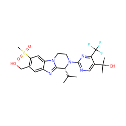 CC(C)[C@@H]1c2nc3cc(CO)c(S(C)(=O)=O)cc3n2CCN1c1ncc(C(C)(C)O)c(C(F)(F)F)n1 ZINC000147684509