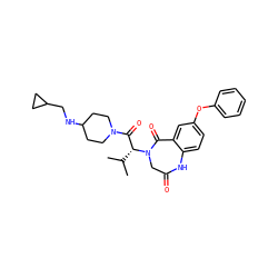 CC(C)[C@H](C(=O)N1CCC(NCC2CC2)CC1)N1CC(=O)Nc2ccc(Oc3ccccc3)cc2C1=O ZINC000084604794