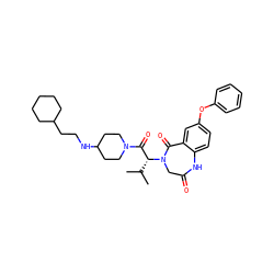 CC(C)[C@H](C(=O)N1CCC(NCCC2CCCCC2)CC1)N1CC(=O)Nc2ccc(Oc3ccccc3)cc2C1=O ZINC000084597194