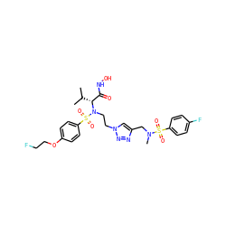 CC(C)[C@H](C(=O)NO)N(CCn1cc(CN(C)S(=O)(=O)c2ccc(F)cc2)nn1)S(=O)(=O)c1ccc(OCCF)cc1 ZINC000096934273